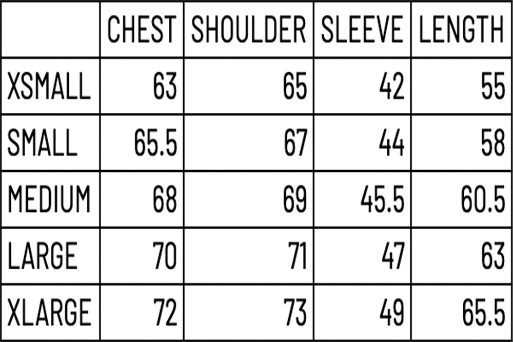 Size Chart for Ash Blue Zip-Up